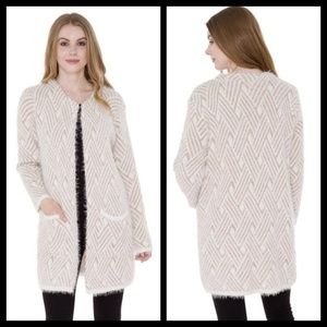 Chevron Patterned Fuzzy Knit Cardigan